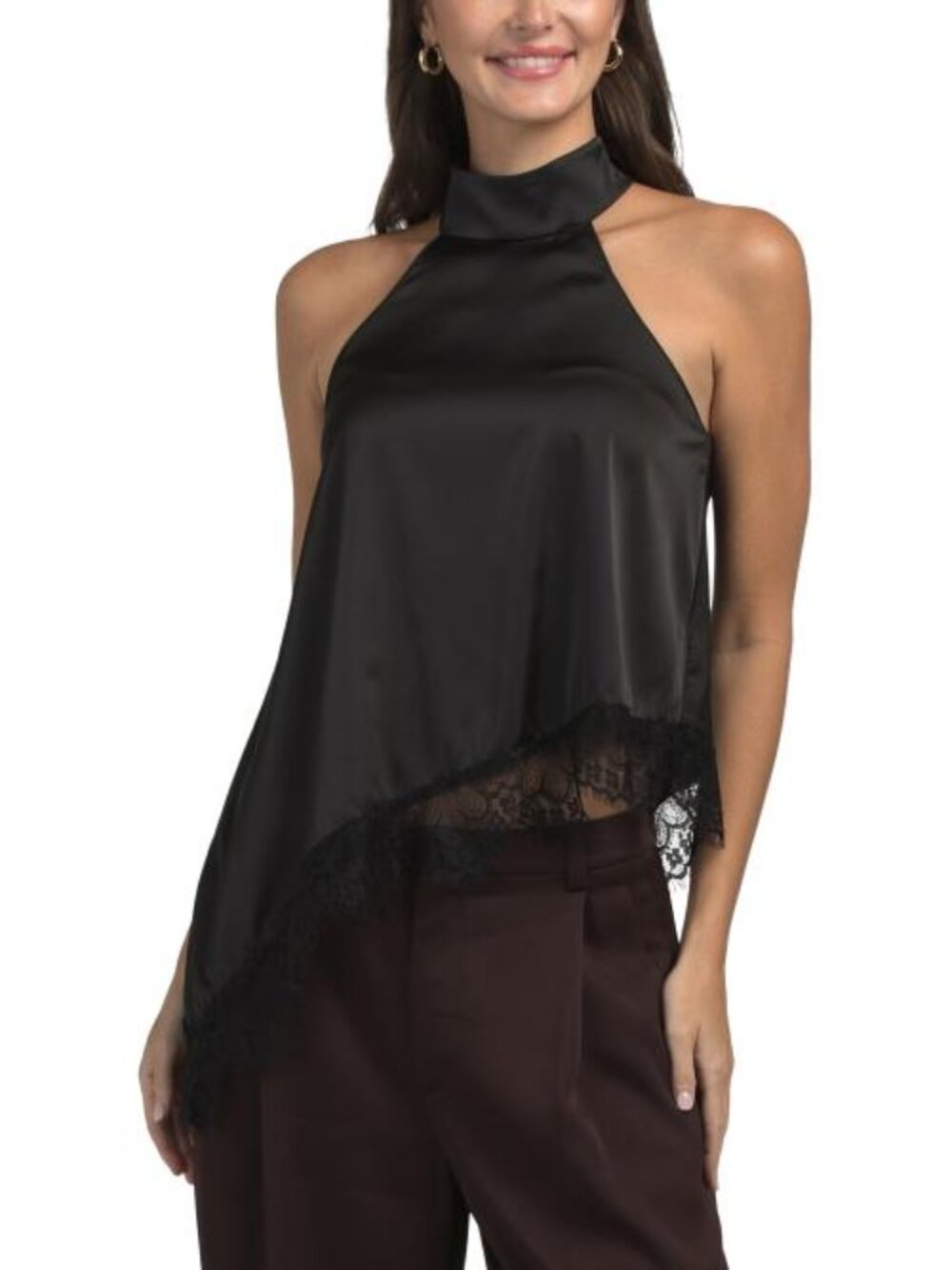 LOVE TREE Halter Neck Asymmetrical Lace Trim Top